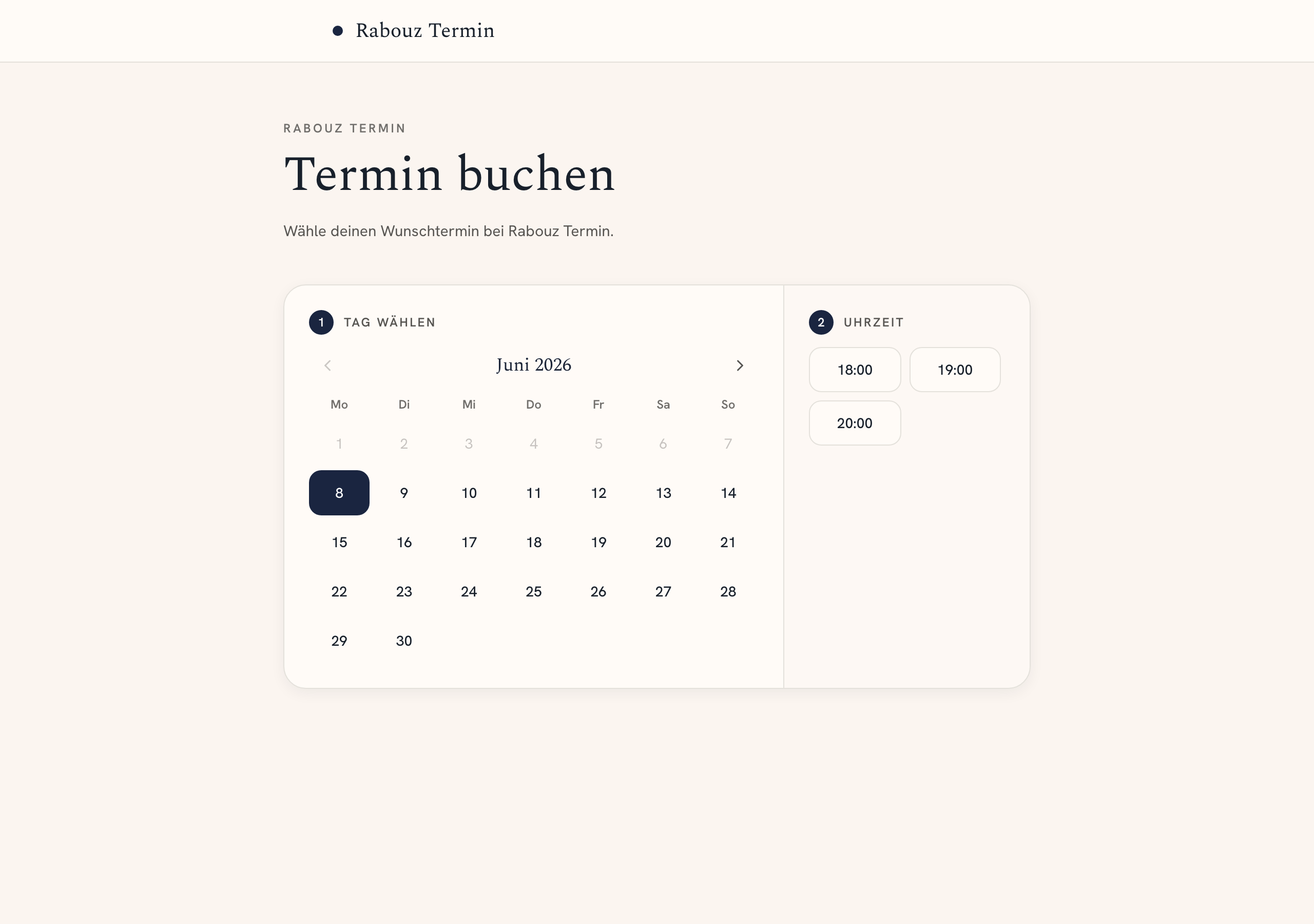 Buchungsseite mit Rabouz Termin: freien Termin online wählen